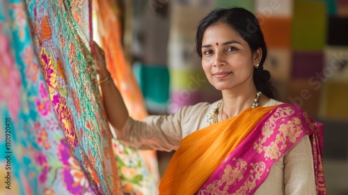 Indian textile designer inspects newly printed fabric in workshop