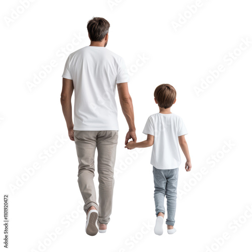 father and son walking back view isolated on transparent background cutout