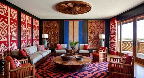 Maori inspired rooms with carved wood motifs woven panels and bold patterns photo