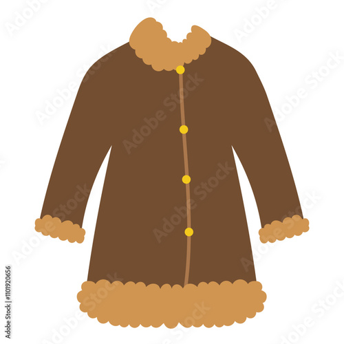 Winter fur coat in cartoon style isolated on white background. Hand drawn warm outwear for cold weather. Vector illustration