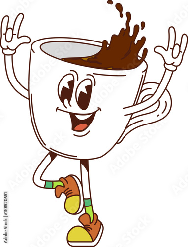 Cartoon retro groovy coffee cup character joyfully dancing with coffee splashing out of the mug. Isolated cheerful vector retro personage smiling, wearing sneakers, and raising its arms in excitement