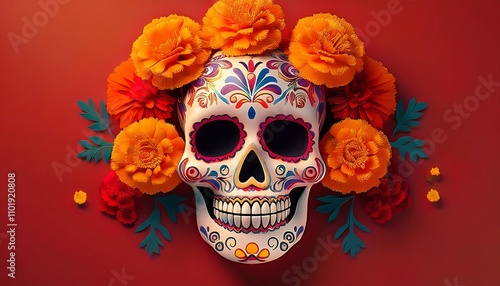  A decorative sugar skull featuring vibrant marigold flowers on a bold red background celebr_1(150)