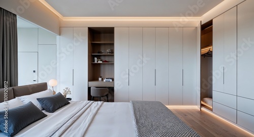 Minimalist bedrooms with seamless built in wardrobes and soft lighting