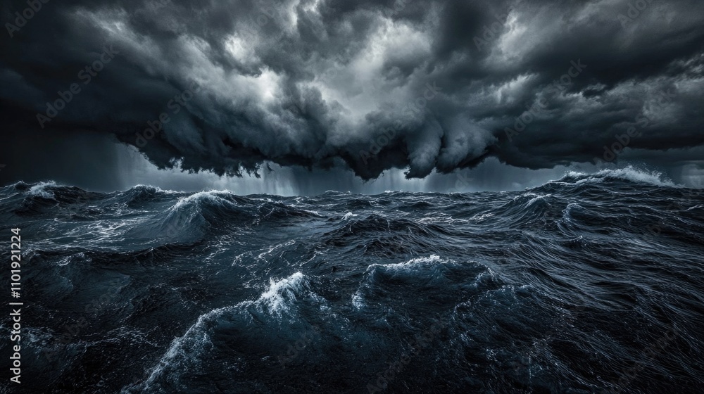 Obraz premium Dark clouds gather over the open ocean during a storm, ideal for weather or travel images