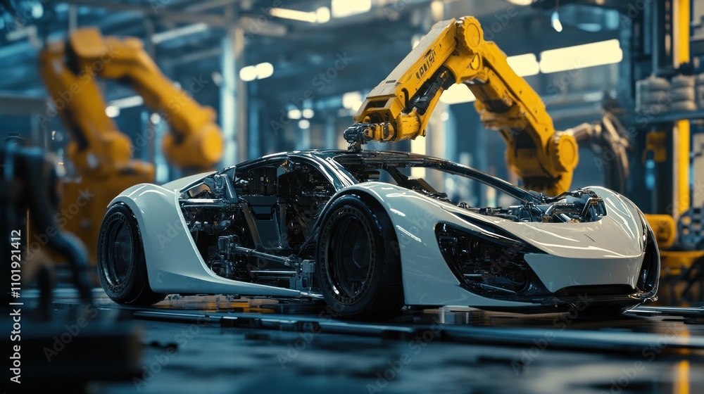Fototapeta premium Robot Arm Assembling a Futuristic Car