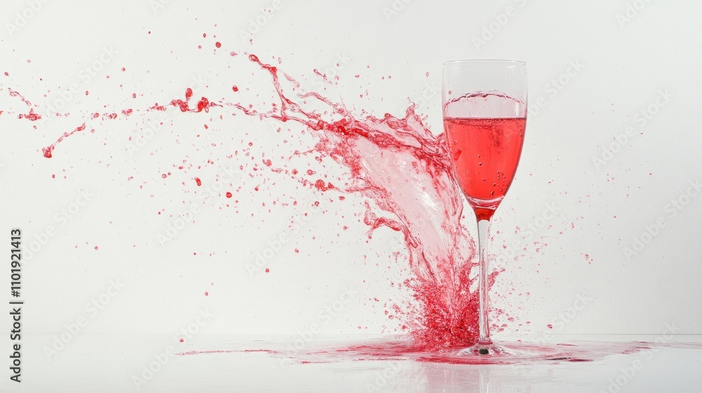 Fototapeta premium Sparkling red wine creating a dramatic splash in a tall flute, with vibrant liquid motion, on a crisp white backdrop