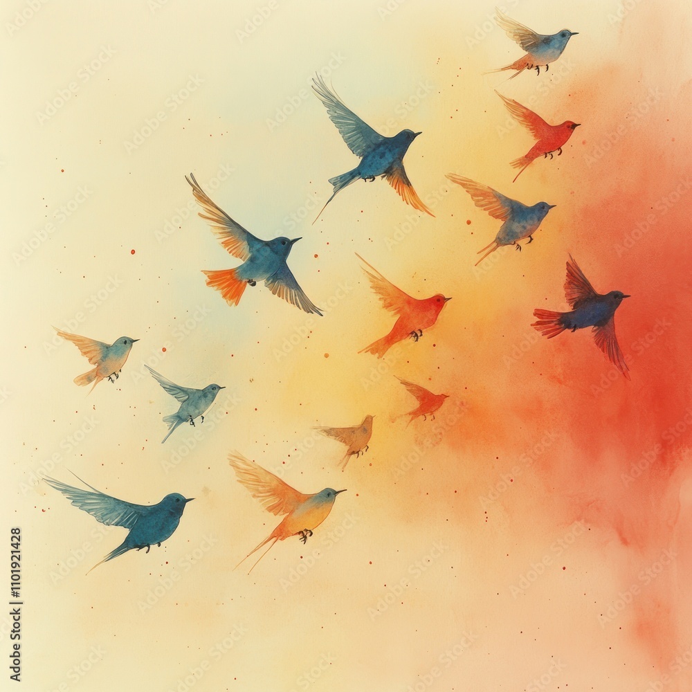 Fototapeta premium A watercolor illustration of birds in flight against a colorful background.