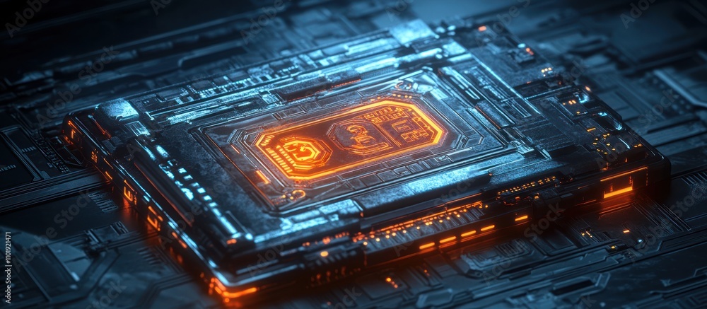 Futuristic glowing processor chip on circuit board. Futuristic glowing processor chip on circuit board.