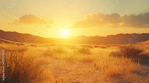 Serene Desert Landscape at Golden Hour with Warm Lighting Effects