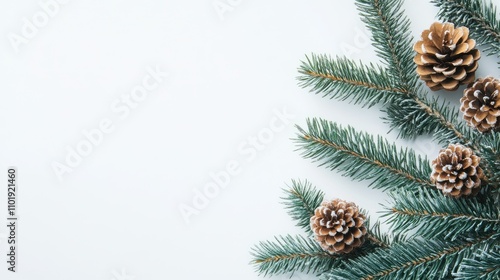 A decorative pine branch, complete with pinecones and needles, set against a white backdrop.