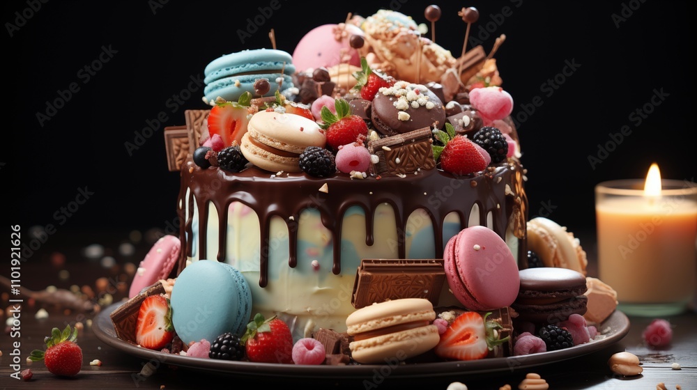 A delightful 3D birthday cake featuring vibrant sweets and a rich chocolate drizzle, all set against a cheerful blue background. A delightful 3D birthday cake featuring vibrant sweets and a rich chocolate drizzle, all set against a cheerful blue background.