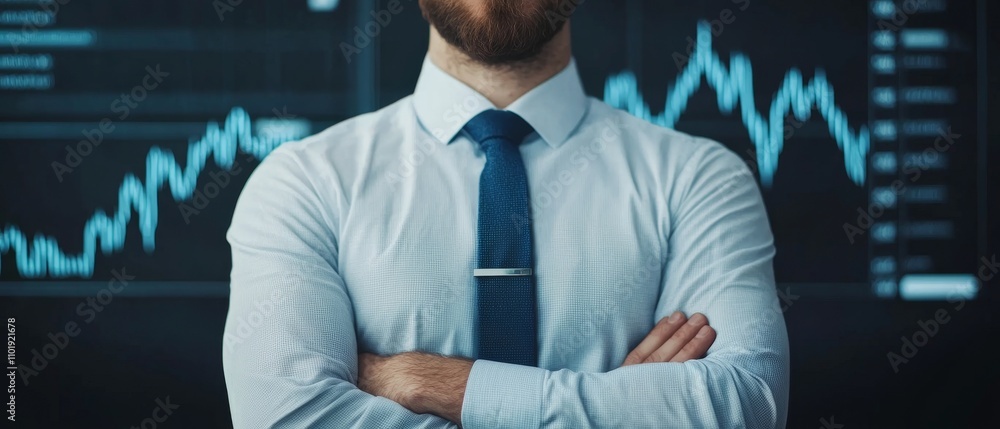 A confident businessman stands with crossed arms in front of a digital financial chart, symbolizing leadership and market analysis. A confident businessman stands with crossed arms in front of a digital financial chart, symbolizing leadership and market analysis.