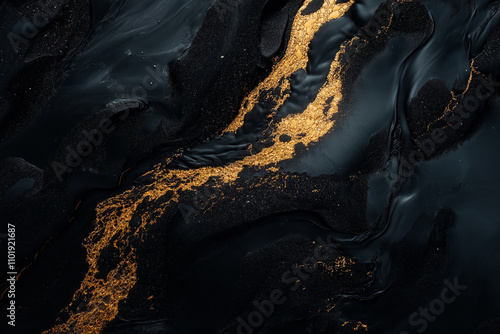 Aerial view of an abstract river in Iceland, black and gold color palette, organic shapes, high contrast, night photography, cinematic photo