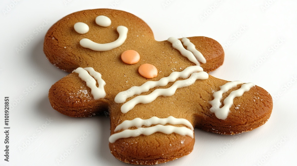 A delightful gingerbread man cookie, decorated with icing, placed on a white surface. A delightful gingerbread man cookie, decorated with icing, placed on a white surface.