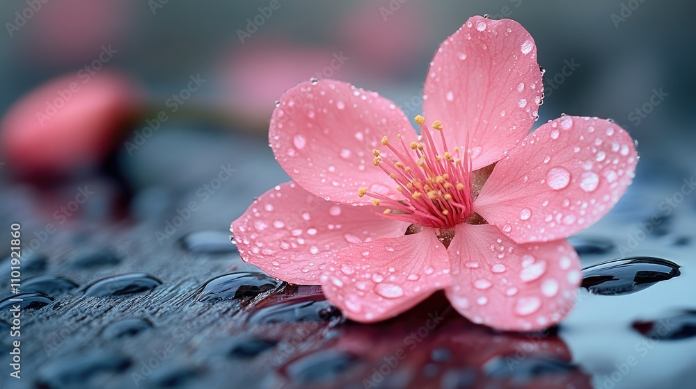 Fototapeta premium Pink flower with dew drops on dark surface.