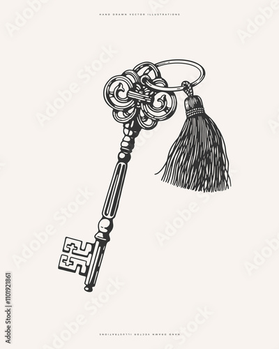 A vintage-style black-and-white illustration of an ornate antique key with a tassel.
