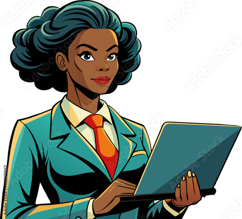 Girl with laptop and suit in retro comic style and business theme. Businesswoman with a computer, isolated pop art illustration