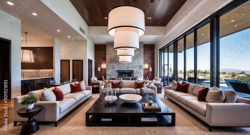 Open living spaces featuring oversized pendant lights as focal points