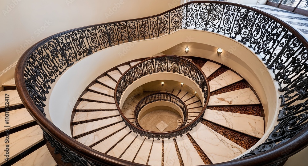 Obraz premium Ornate spiral staircases with intricate wrought iron designs and marble steps