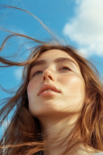 A person with long hair is blowing in the wind, great for use as a symbol or metaphor