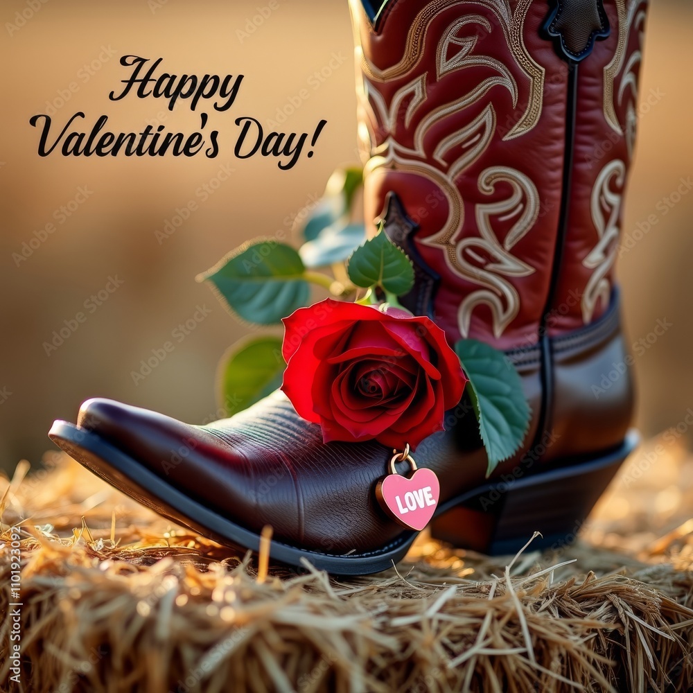 Valentine's Day Boots. Red rose in cowboy boots with a heart-shaped