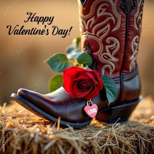 Obraz na płótnie Valentine's Day Boots. Red rose in cowboy boots with a heart-shaped