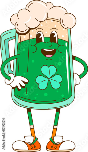 Groovy Saint Patrick day beer tankard character in retro vector cartoon for Irish holiday. Groovy cartoon green ale beer mug with happy smiling face and shamrock clover for St Patrick Day character