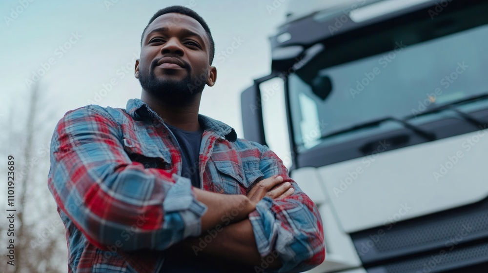 Confident truck driver crossing arms and smiling by his truck Confident truck driver crossing arms and smiling by his truck