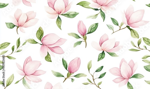 A seamless watercolor pattern featuring a floral ornament that repeats. The design includes abstract, transparent roses and branches, presented as an isolated hand-drawn botanical illustration ideal