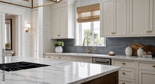 Smooth marble or quartz countertops in kitchens and bathrooms