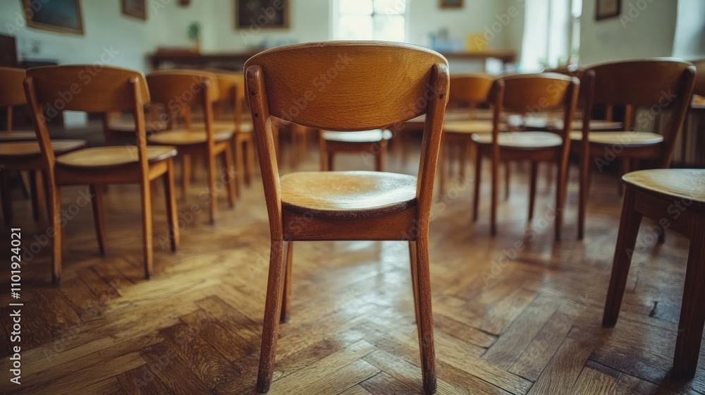 Empty wooden chairs arranged in a circle on a hardwood floor in a room. Empty wooden chairs arranged in a circle on a hardwood floor in a room.