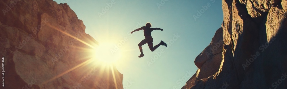 Hiker leaping across gap between cliffs at sunset Hiker leaping across gap between cliffs at sunset