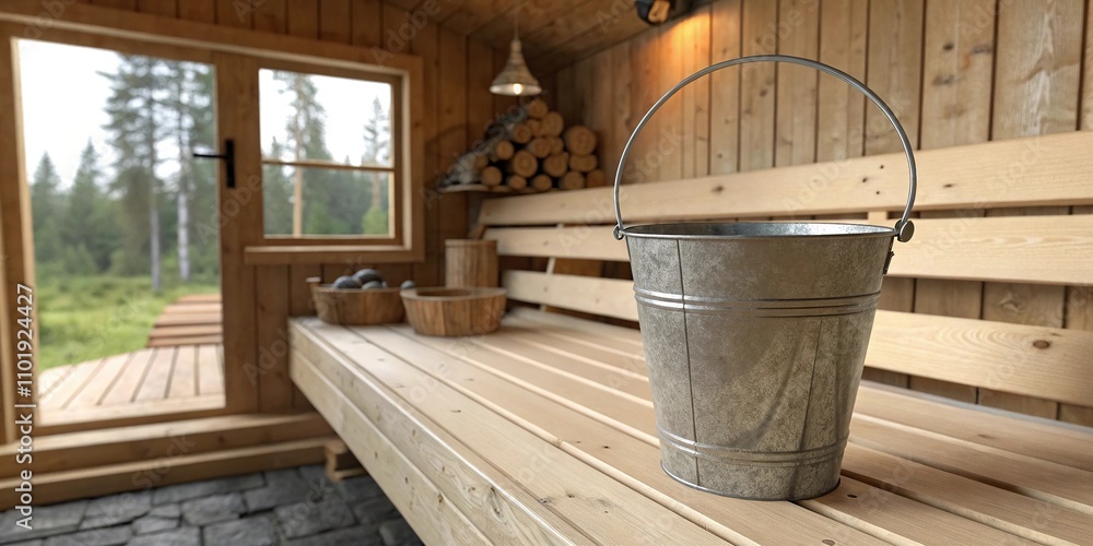A metal bucket is placed on the seat of a traditional wooden sauna in a cabin setting, organic decor, wooden furniture, wooden bench, interior design A metal bucket is placed on the seat of a traditional wooden sauna in a cabin setting, organic decor, wooden furniture, wooden bench, interior design