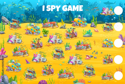 I spy game worksheet, underwater cartoon houses and fairytale buildings. Vector riddle with treasure chest, ruin, ship, submarine and boat fantasy homes on sea bottom. How many dwellings children test