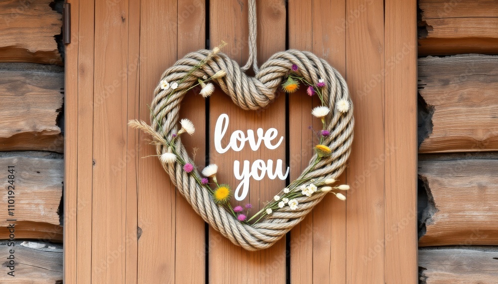 Rope Heart Valentine. A heart-shaped rope wreath with flowers and the words Rope Heart Valentine. A heart-shaped rope wreath with flowers and the words