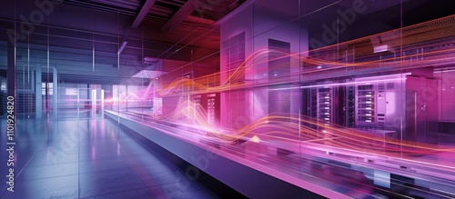 Futuristic neon lit data center hallway with abstract motion blur effects showcasing the advanced technology and infrastructure of a modern digital workspace or research facility