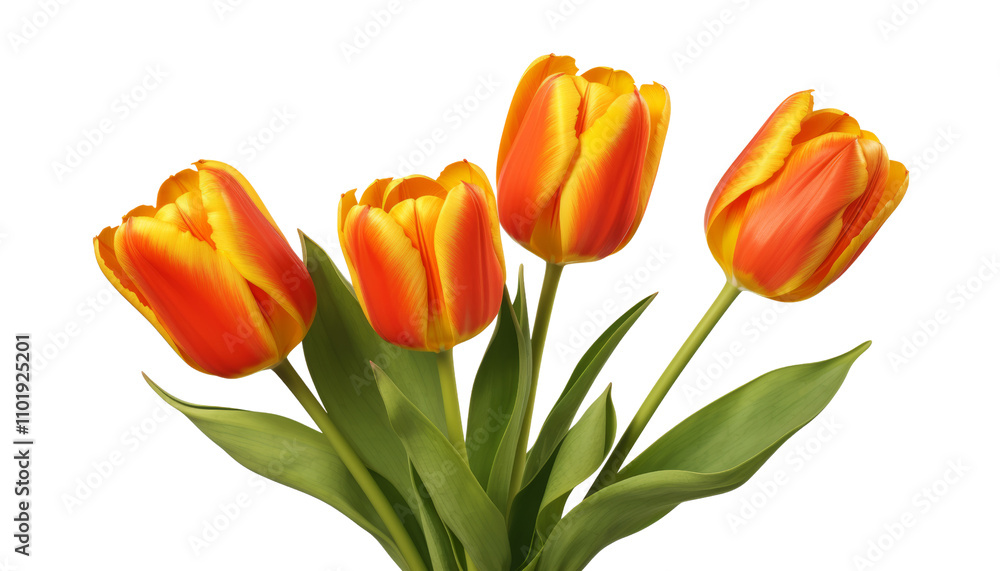 four orange yellow tulip with leaves isolated on transparent background cutout four orange yellow tulip with leaves isolated on transparent background cutout