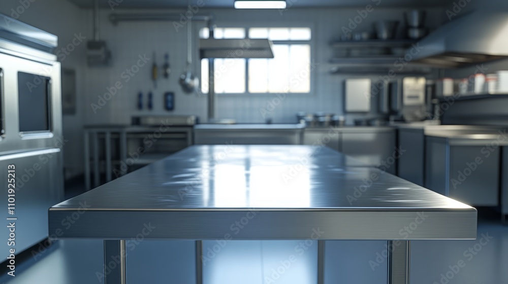 Side perspective of a stainless steel table in a modern food processing facility. Industrial lighting highlights the polished surface and ensures a clean, professional look. Side perspective of a stainless steel table in a modern food processing facility. Industrial lighting highlights the polished surface and ensures a clean, professional look.