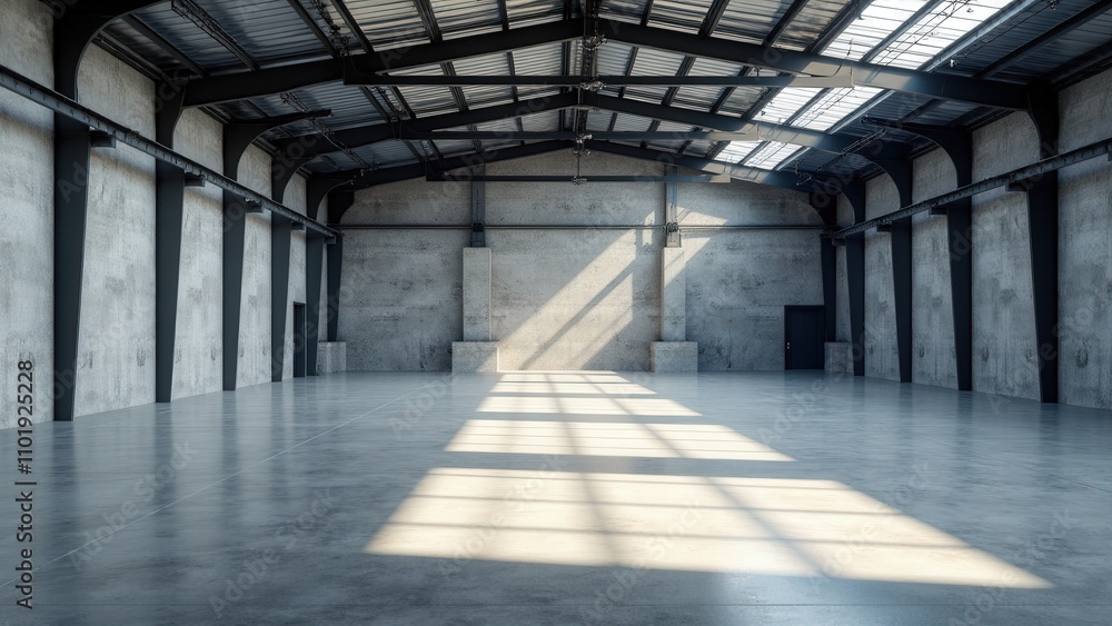 A spacious warehouse mockup with clean floors and industrial lighting A spacious warehouse mockup with clean floors and industrial lighting