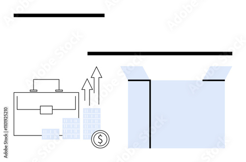 Briefcase, stacked coins, upward arrows, and coin in minimalist style beside an open package. Ideal for business growth, investment, success, financial planning, entrepreneurship economic progress