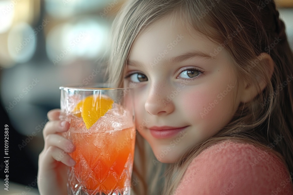 Fototapeta premium A young child holding a glass of freshly squeezed orange juice, enjoying a refreshing drink