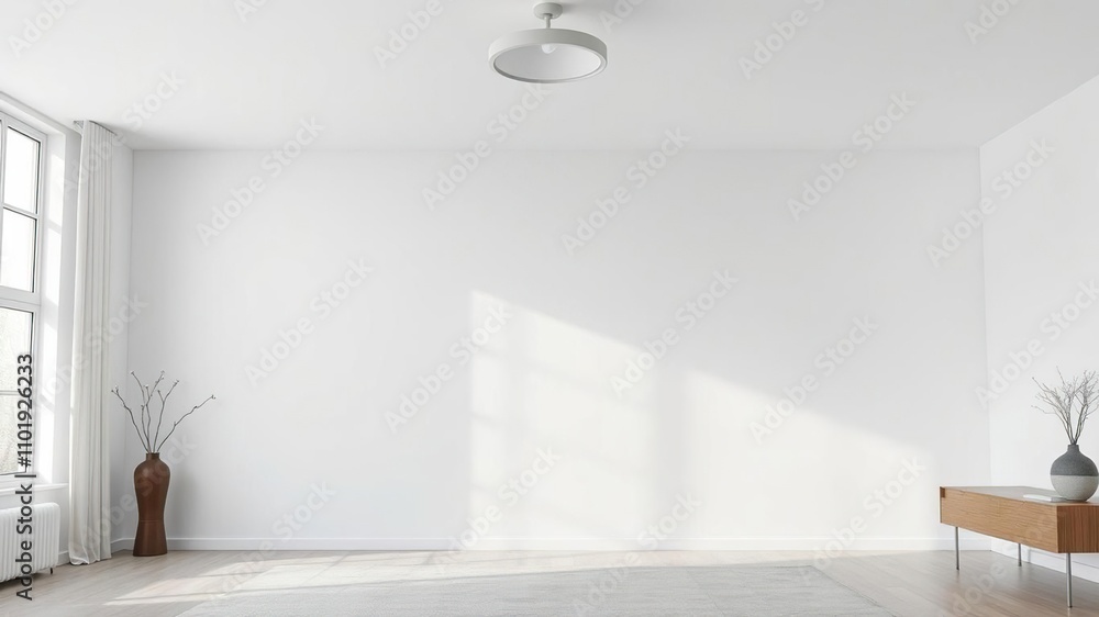 Fototapeta premium A sleek and modern bedroom with an enormous empty white wall illuminated by a halogen lamp hanging from the ceiling, industrial chic, halogen lamp
