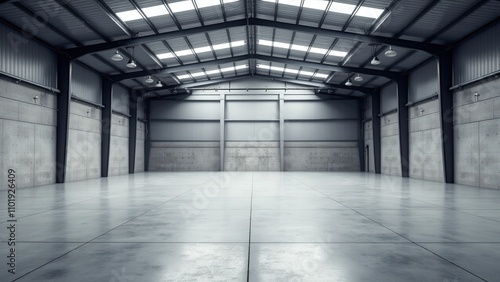 High-ceilinged warehouse mockup with industrial lighting and smooth floors