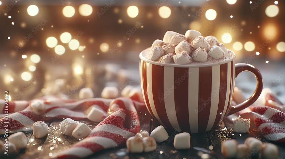 Festive Hot Chocolate with Marshmallows and Candy Cane Striped Cloth Festive Hot Chocolate with Marshmallows and Candy Cane Striped Cloth