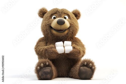 The soft, brown teddy bear, isolated on white, sits cuddly in a childhood of love photo