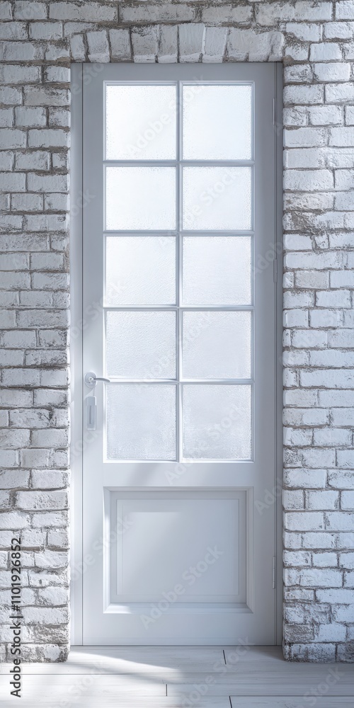Fototapeta premium Frosted Glass Door on White Brick Wall. Loft Interior Background Texture