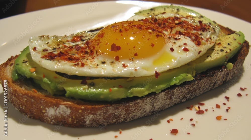Delicious Avocado Toast with Fried Egg and Spices on a Plate for a Healthy Breakfast or Brunch Option, Perfect for Food Photography and Culinary Blogs Delicious Avocado Toast with Fried Egg and Spices on a Plate for a Healthy Breakfast or Brunch Option, Perfect for Food Photography and Culinary Blogs