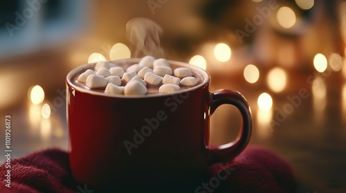 Steaming mug of hot chocolate topped with marshmallows, cozy winter scene.