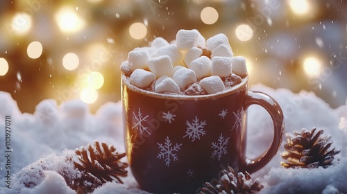 Cozy Winter Mug of Hot Cocoa Topped with Marshmallows in Snowy Scene