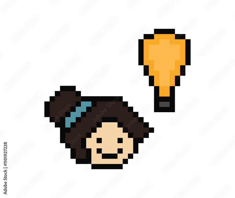 Cartoon cute character woman lady face with light blub idea creative think decoration pixel 8 bit female girl idea imagination cartoon pixel game png vector. Cartoon cute character woman lady face with light blub idea creative think decoration pixel 8 bit female girl idea imagination cartoon pixel game png vector.
